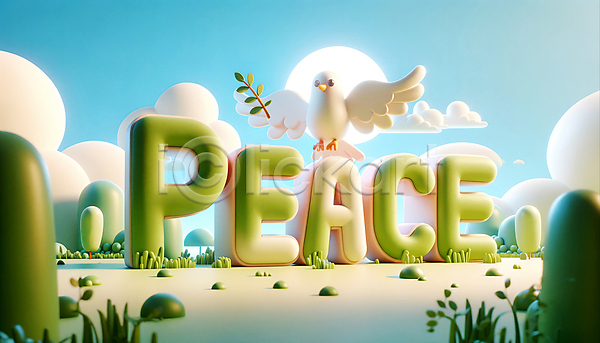 평화 사람없음 3D JPG 편집이미지 구름(자연) 나무 들기 비둘기 알파벳 전쟁 초록색 초원(자연) 태양 하늘