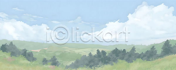 분위기 사람없음 JPG 일러스트 구름(자연) 나무 백그라운드 산 숲 자연 잔디 초록색 카피스페이스 풍경(경치) 하늘
