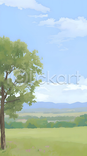 분위기 사람없음 JPG 일러스트 구름(자연) 꽃 나무 백그라운드 산 숲 자연 잔디 초록색 카피스페이스 풍경(경치) 하늘