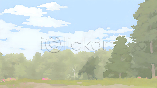 분위기 사람없음 JPG 일러스트 구름(자연) 꽃 나무 백그라운드 숲 자연 잔디 초록색 카피스페이스 풍경(경치) 하늘