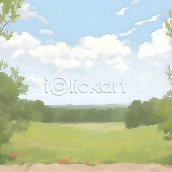 분위기 사람없음 JPG 일러스트 구름(자연) 꽃 나무 백그라운드 숲 자연 잔디 초록색 카피스페이스 풍경(경치) 하늘