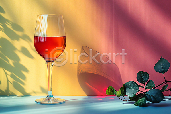 빈티지 사람없음 JPG 디지털합성 편집이미지 그림자 나뭇잎 백그라운드 와인 와인잔 카피스페이스 컬러풀 탁자 편집소스