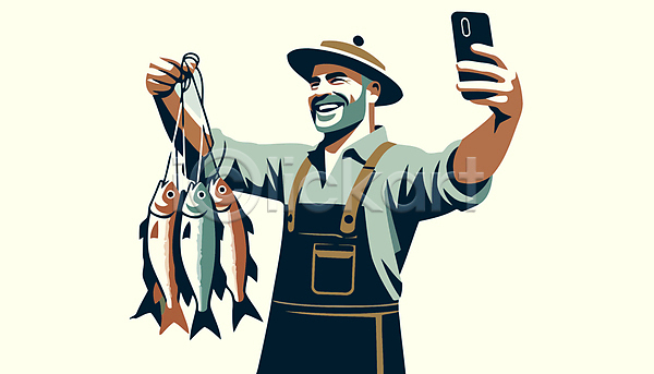 신선 남자 성인 성인남자한명만 한명 AI(파일형식) 디지털합성 일러스트 낚시 낚시꾼 들기 셀프카메라 수산인의날 스마트폰 어류 어부 어업 작업복 편집소스 해산물