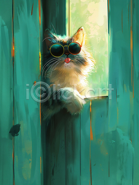 귀여움 호기심 사람없음 JPG 디지털합성 편집이미지 고양이 백그라운드 선글라스 창문 초록색 편집소스 표정