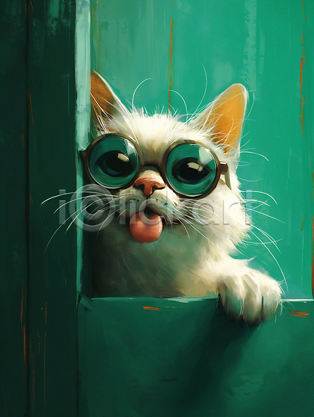 귀여움 호기심 사람없음 JPG 디지털합성 편집이미지 고양이 백그라운드 선글라스 창문 초록색 편집소스 표정