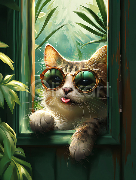 귀여움 호기심 사람없음 JPG 디지털합성 편집이미지 고양이 백그라운드 선글라스 창문 초록색 편집소스 표정 풀잎