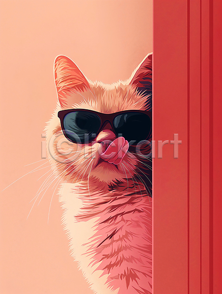 귀여움 호기심 사람없음 JPG 디지털합성 편집이미지 고양이 백그라운드 빨간색 선글라스 창문 편집소스 표정