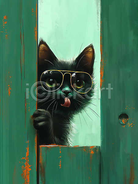 귀여움 호기심 사람없음 JPG 디지털합성 편집이미지 고양이 백그라운드 안경 창문 초록색 편집소스 표정