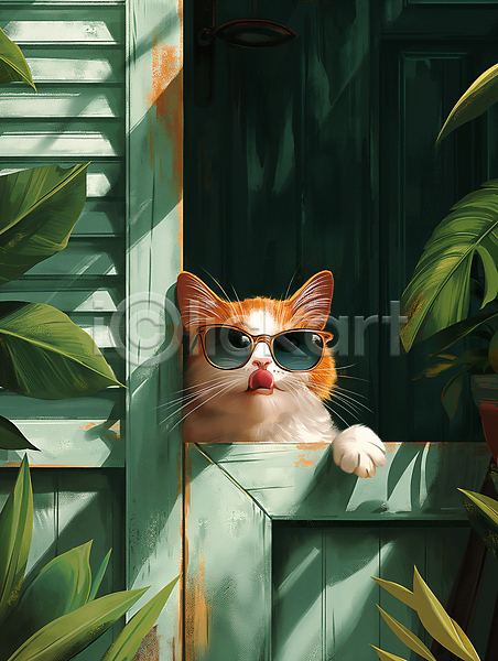 귀여움 호기심 사람없음 JPG 디지털합성 편집이미지 고양이 백그라운드 선글라스 창문 초록색 편집소스 표정 풀잎