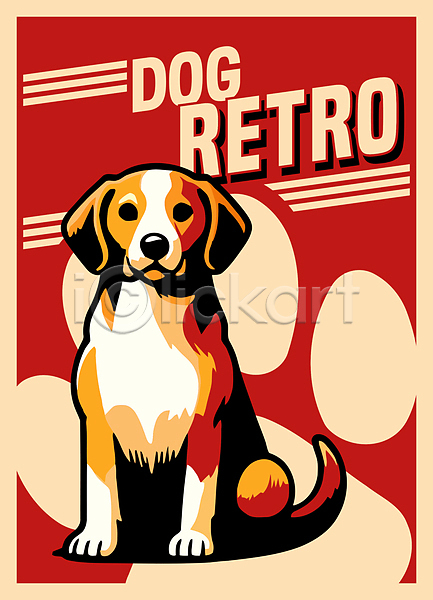 빈티지 사람없음 AI(파일형식) 일러스트 강아지 복고 빨간색 캐릭터 팝아트 포스터