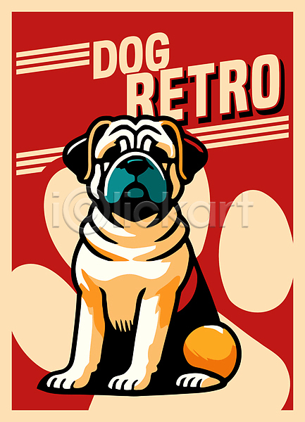 빈티지 사람없음 AI(파일형식) 일러스트 강아지 복고 빨간색 캐릭터 팝아트 포스터
