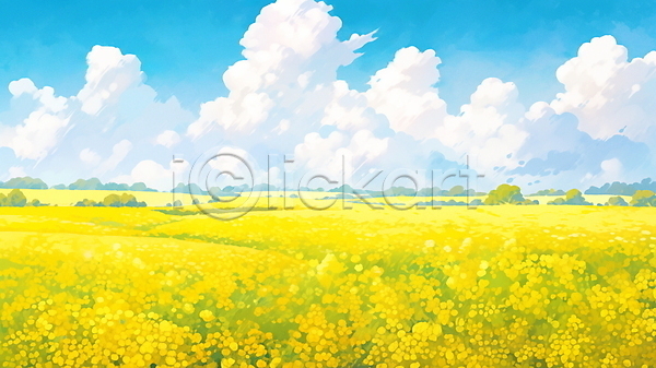 사람없음 JPG 일러스트 구름(자연) 꽃밭 나무 노란색 백그라운드 봄 유채 제주도 풍경(경치) 하늘