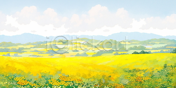 사람없음 JPG 일러스트 구름(자연) 꽃밭 나무 노란색 백그라운드 봄 유채 제주도 풍경(경치) 하늘