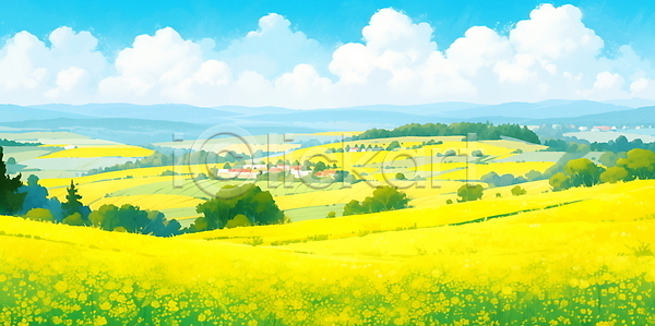 사람없음 JPG 일러스트 구름(자연) 꽃밭 나무 노란색 마을 백그라운드 봄 유채 제주도 풍경(경치) 하늘