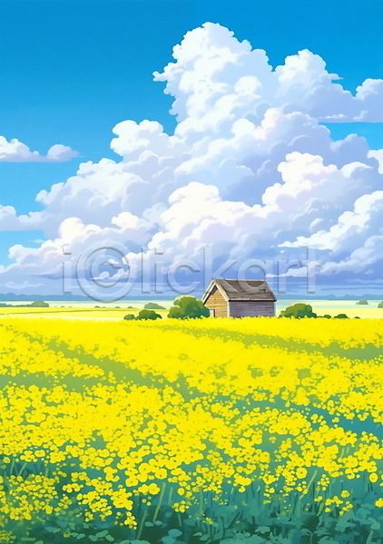 사람없음 JPG 일러스트 구름(자연) 꽃밭 나무 노란색 백그라운드 봄 유채 제주도 주택 풍경(경치) 하늘
