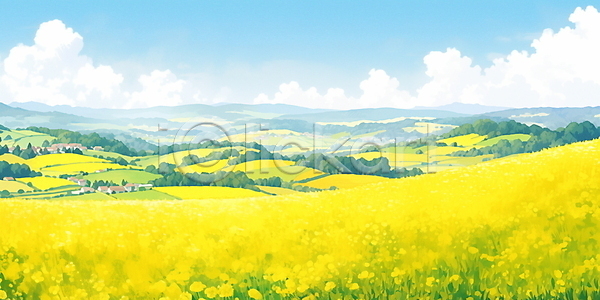 사람없음 JPG 일러스트 구름(자연) 꽃밭 나무 노란색 마을 백그라운드 봄 유채 제주도 풍경(경치) 하늘