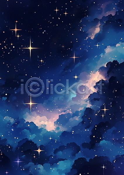 사람없음 JPG 일러스트 갤럭시 구름(자연) 반짝임 백그라운드 별 성운 수채화(물감) 우주 은하수(은하) 파란색 팬시 하늘