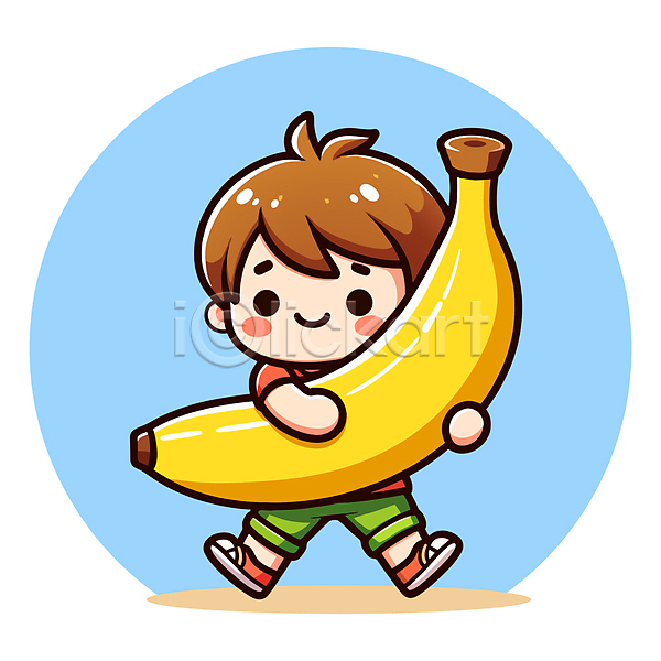 남자 소년 소년한명만 어린이 한명 AI(파일형식) 일러스트 과일 들기 미소(표정) 바나나 안기 인물캐릭터 전신