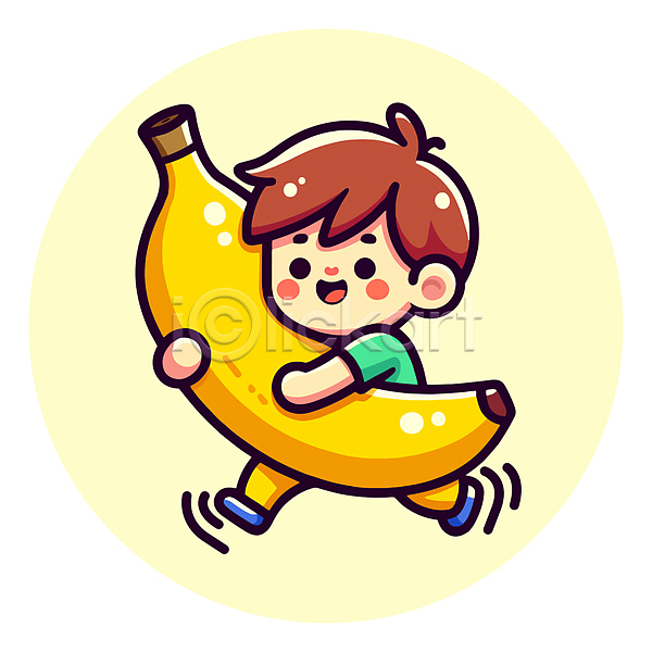 남자 소년 소년한명만 어린이 한명 AI(파일형식) 일러스트 과일 달리기 들기 미소(표정) 바나나 안기 인물캐릭터 전신