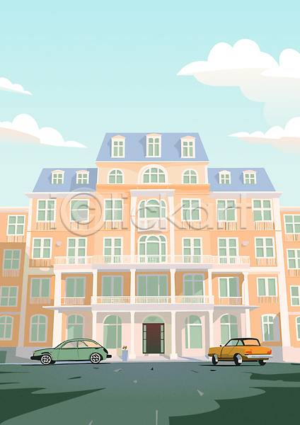 사람없음 AI(파일형식) 일러스트 건물 구름(자연) 문 유럽 유럽건축 유럽여행(여행) 유럽풍 자동차 주황색 창문 호텔
