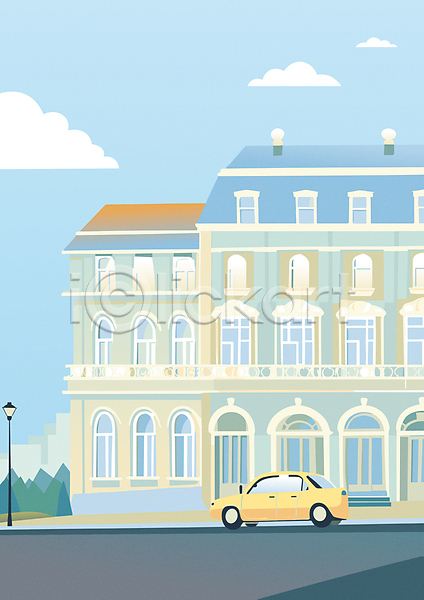 사람없음 AI(파일형식) 일러스트 가로등 건물 구름(자연) 문 유럽 유럽건축 유럽여행(여행) 유럽풍 자동차 창문 하늘색 호텔
