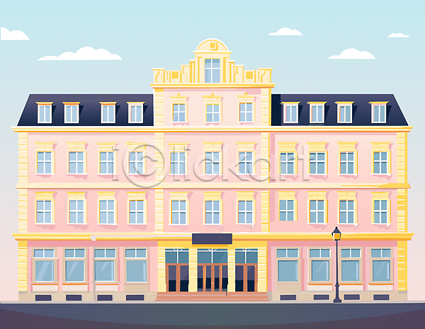 사람없음 AI(파일형식) 일러스트 가로등 건물 구름(자연) 문 분홍색 유럽 유럽건축 유럽여행(여행) 유럽풍 창문 호텔