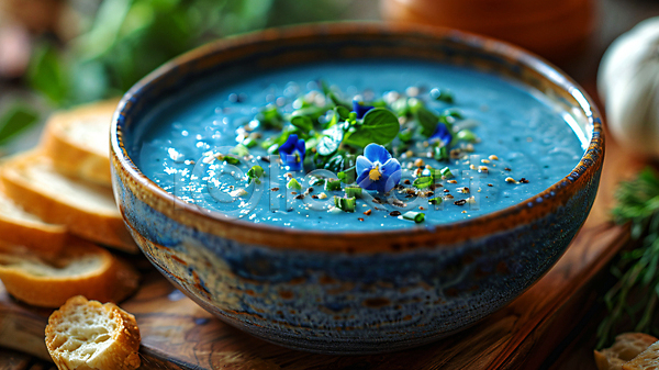 사람없음 JPG 디지털합성 편집이미지 그릇 다이어트 바게트 수프 식욕저하 식용꽃 잎 파란색