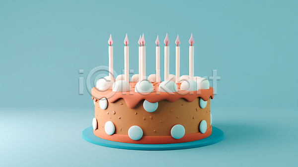 사람없음 3D JPG 편집이미지 갈색 생일초 생일축하 생일케이크 음식 장식 촛불 파란배경 한개