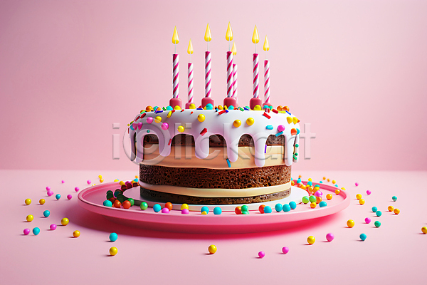 사람없음 3D JPG 편집이미지 분홍색 생일초 생일축하 생일케이크 스프링클 음식 장식 접시 촛불 한개