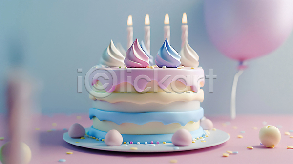 사람없음 3D JPG 편집이미지 생일초 생일축하 생일케이크 음식 장식 접시 촛불 파스텔톤 풍선 한개