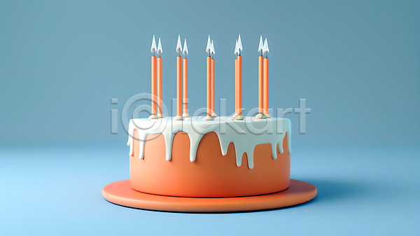 사람없음 3D JPG 편집이미지 생일초 생일축하 생일케이크 음식 장식 주황색 촛불 파란배경 한개