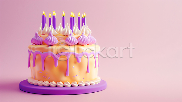 사람없음 3D JPG 편집이미지 노란색 보라색 분홍색배경 생일초 생일축하 생일케이크 음식 장식 촛불 한개