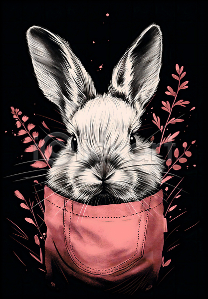 귀여움 사람없음 JPG 디지털합성 편집이미지 검은색 그림 백그라운드 분홍색 스케치 주머니 토끼 편집소스 표현