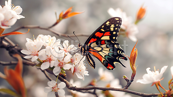 사람없음 JPG 디지털합성 편집이미지 개화 꽃가지 나뭇가지 나비 벚꽃 봄 자연 편집소스 햇빛