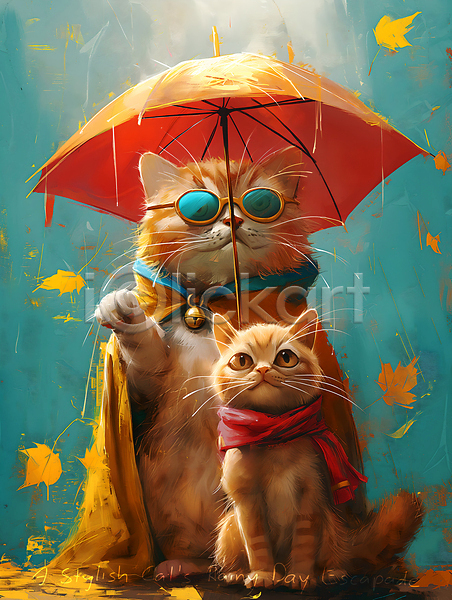 귀여움 사람없음 JPG 디지털합성 편집이미지 고양이 나뭇잎 두마리 들기 망토 목도리 선글라스 우산 캐릭터 편집소스