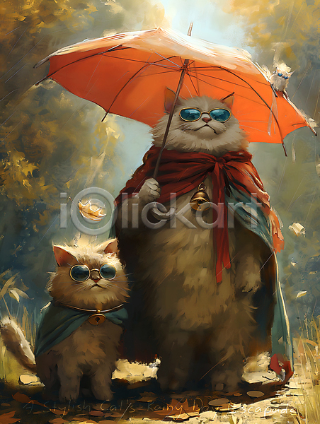 귀여움 사람없음 JPG 디지털합성 편집이미지 고양이 낙엽 두마리 들기 선글라스 스카프 우산 캐릭터 편집소스