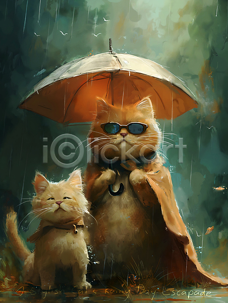 귀여움 사람없음 JPG 디지털합성 편집이미지 고양이 두마리 들기 망토 비(날씨) 선글라스 스카프 우산 캐릭터 편집소스