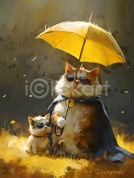 귀여움 사람없음 JPG 디지털합성 편집이미지 고양이 두마리 들기 망토 방울(장식품) 비(날씨) 선글라스 우산 캐릭터 편집소스