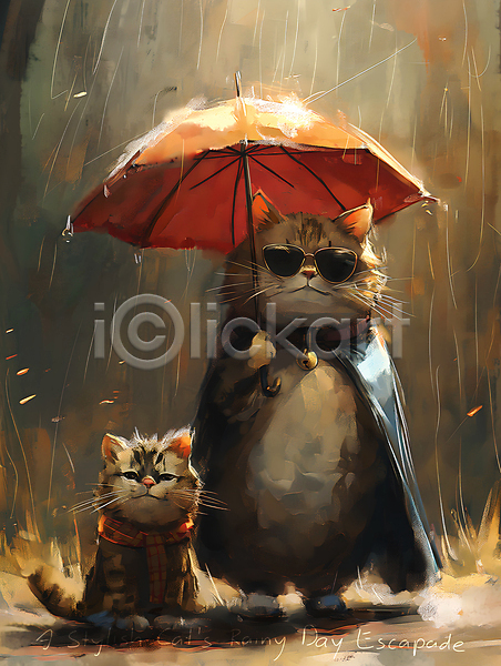 귀여움 사람없음 JPG 디지털합성 편집이미지 고양이 두마리 들기 망토 비(날씨) 선글라스 우산 캐릭터 편집소스