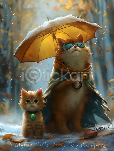귀여움 사람없음 JPG 디지털합성 편집이미지 고양이 나뭇잎 두마리 들기 망토 방울(장식품) 선글라스 우산 응시 캐릭터 편집소스