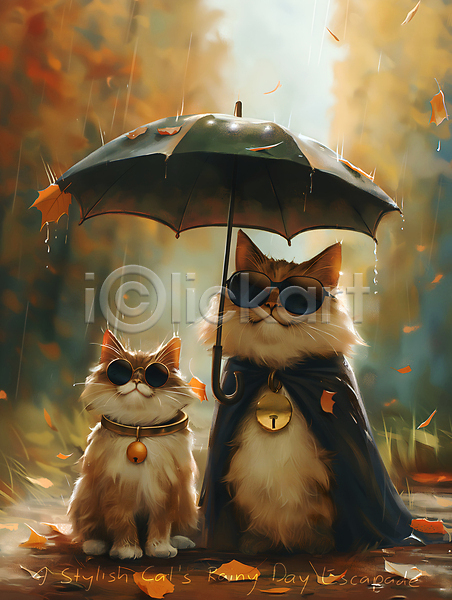귀여움 사람없음 JPG 디지털합성 편집이미지 고양이 나뭇잎 두마리 들기 망토 방울(장식품) 비(날씨) 선글라스 우산 캐릭터 편집소스