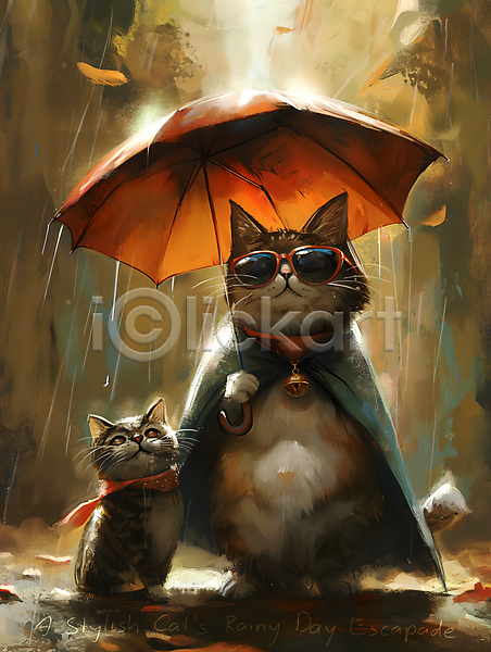 귀여움 사람없음 JPG 디지털합성 편집이미지 고양이 나뭇잎 두마리 들기 방울(장식품) 비(날씨) 선글라스 스카프 우산 캐릭터 편집소스