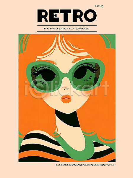 빈티지 성인 성인여자한명만 여자 한명 PSD 디지털합성 일러스트 그래픽 그림 디자인 모던 백그라운드 복고 상반신 선글라스 스타일 주황색 패션 편집소스 포스터