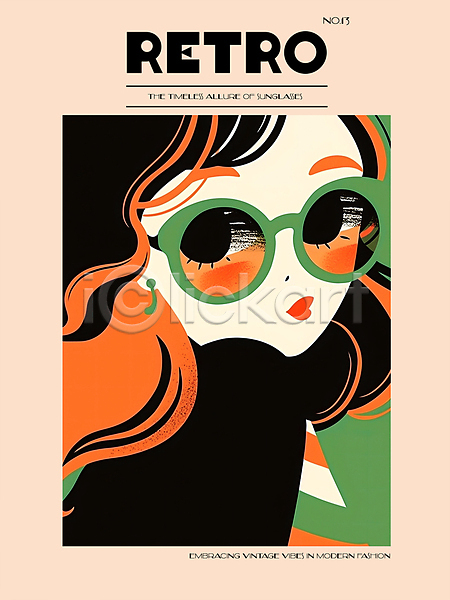 빈티지 성인 성인여자한명만 여자 한명 PSD 디지털합성 일러스트 그래픽 그림 디자인 모던 백그라운드 복고 상반신 선글라스 스타일 주황색 패션 편집소스 포스터