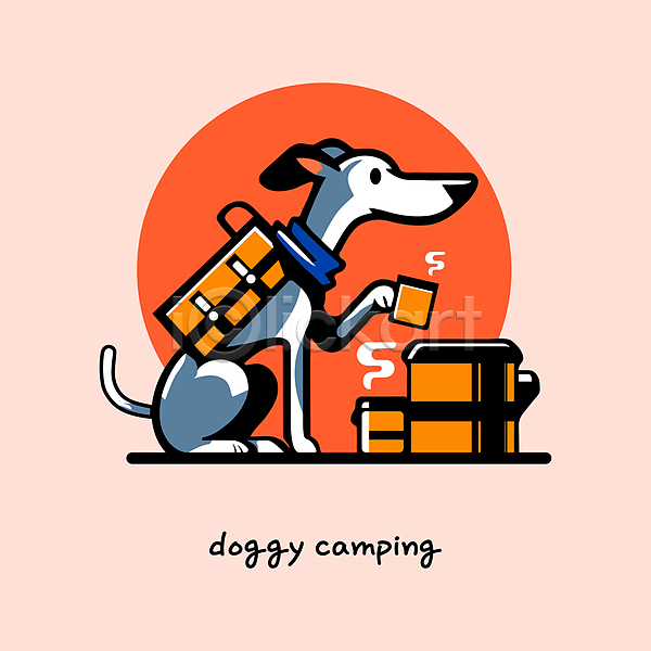 귀여움 따뜻함 휴식 사람없음 AI(파일형식) 일러스트 강아지 그레이하운드 들기 배낭 빨간색 스카프 웃음 음료 캠핑 캠핑도구 컵 한마리