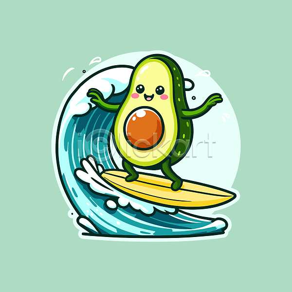 귀여움 활기 사람없음 AI(파일형식) 일러스트 물놀이 미소(표정) 바다 서핑 서핑보드 아보카도 여름(계절) 초록색 캐릭터 파도