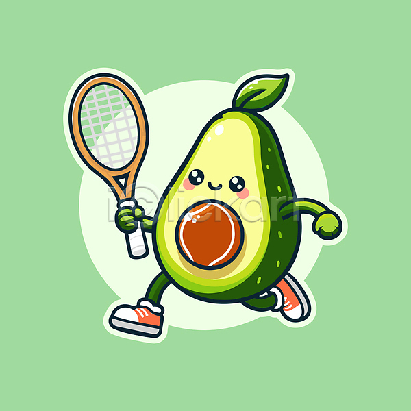 귀여움 행복 활기 사람없음 AI(파일형식) 일러스트 건강 들기 라켓 미소(표정) 아보카도 운동 초록색 캐릭터 테니스