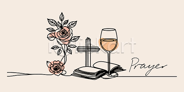 AI(파일형식) 라인일러스트 일러스트 기독교 미니멀 베이지색 성경 십자가 와인 와인잔 장미