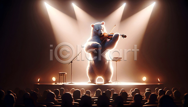 상상 군중 사람없음 3D JPG 디지털합성 편집이미지 곰 공연 공연예술 들기 바이올린 백그라운드 상상력 스포트라이트 연주 예술 음악 조명 창의성 편집소스