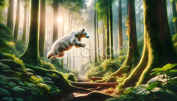 상상 사람없음 JPG 디지털합성 편집이미지 곰 나무 백그라운드 상상력 숲 점프 편집소스